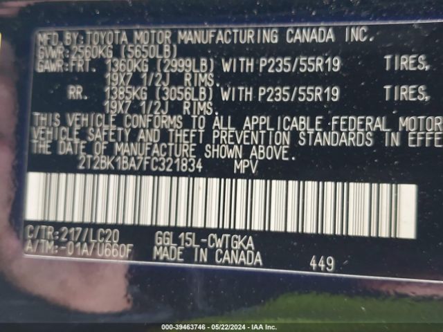 2T2BK1BA7FC321834 Lexus RX 350