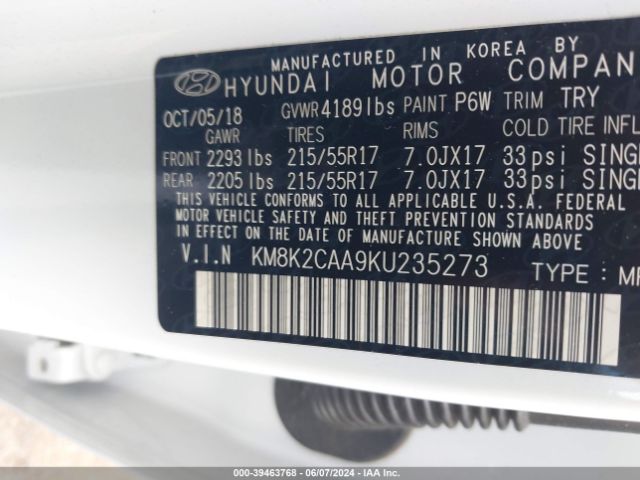 KM8K2CAA9KU235273 Hyundai Kona Sel