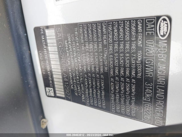 SALGS2RU8LA412927 Land Rover Range Rover Hse