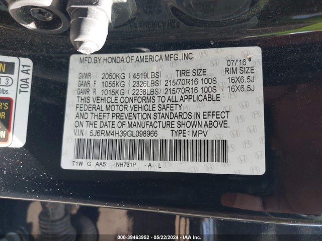 Honda CR-V LX 2016 5J6RM4H39GL098966 Image 9