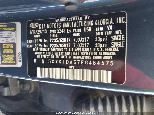 KIA SORENTO LX 2014 5XYKTDA67EG464575 Image 9