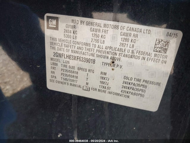 Chevrolet Equinox Ltz 2015 2GNFLHE3XF6339018 Image 9