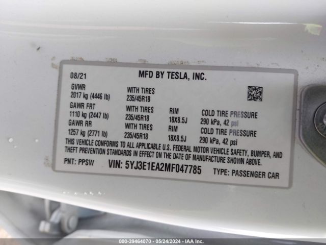 5YJ3E1EA2MF047785 Tesla Model 3 Standard Range Plus Rear-wheel Drive