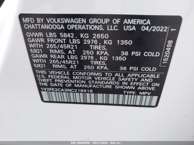1V2FE2CA3NC218918 Volkswagen Atlas Cross Sport 3.6l V6 Sel Premium R-line