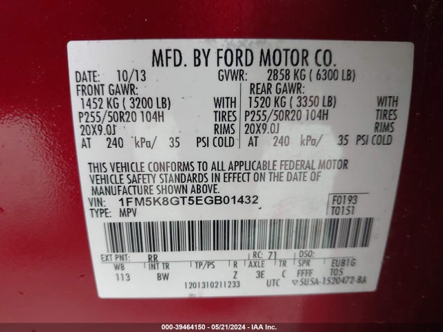 Ford EXPLORER SPORT 2014 1FM5K8GT5EGB01432 Image 9