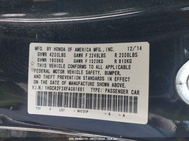 Honda ACCORD LX 2015 1HGCR2F3XFA081691 Image 9