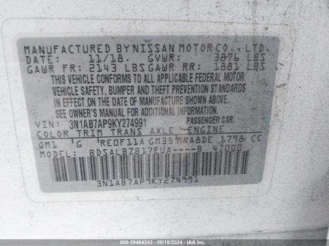 3N1AB7AP9KY274991 Nissan SENTRA S