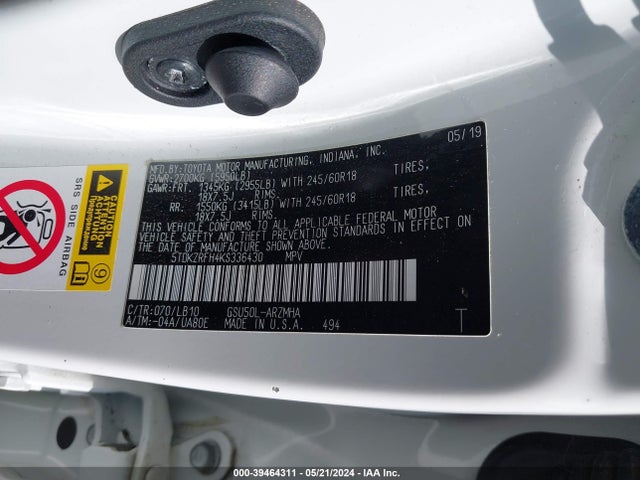 Toyota Highlander Xle 2019 5TDKZRFH4KS336430 Image 9