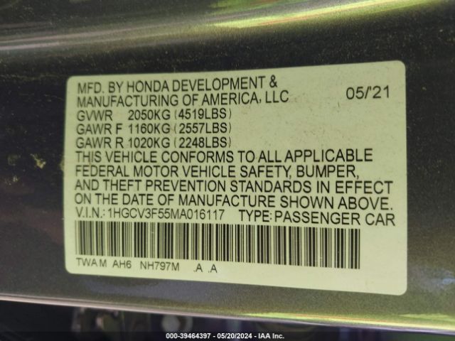 1HGCV3F55MA016117 Honda Accord Hybrid Ex-l