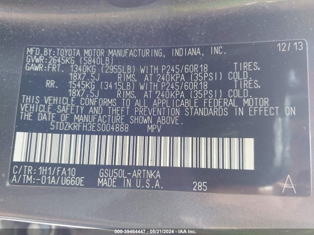 Toyota Highlander Le Plus V6 2014 5TDZKRFH3ES004888 Image 9