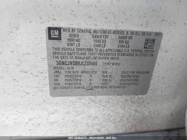 Chevrolet TRAX LS 2018 3GNCJNSB8JL235490 Image 9