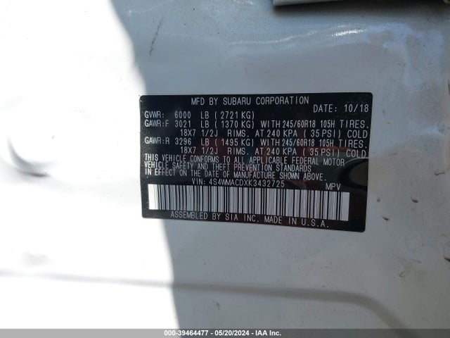 4S4WMACDXK3432725 Subaru Ascent Premium