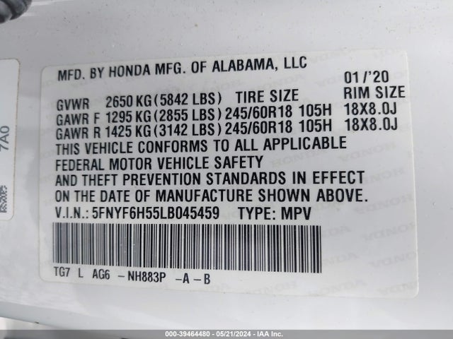 Honda Pilot Awd Ex-l 2020 5FNYF6H55LB045459 Image 9