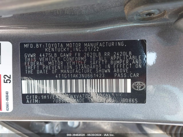Toyota CAMRY SE 2022 4T1G11AK3NU661423 Image 9