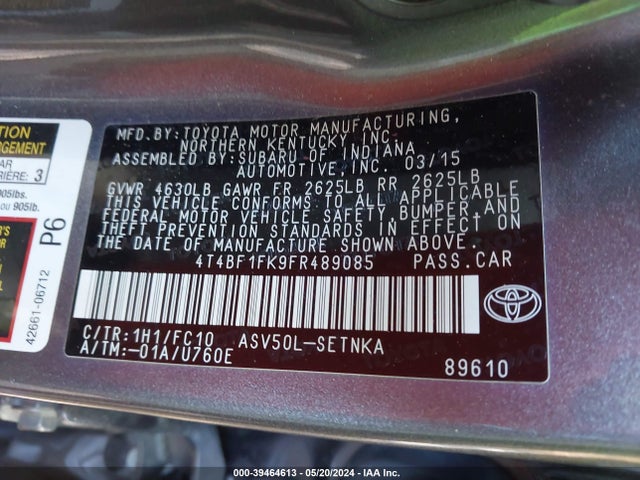 Toyota CAMRY LE 2015 4T4BF1FK9FR489085 Image 9