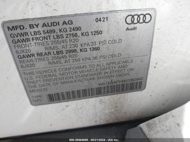 WA1BAAFY4M2092842 Audi Q5 Premium Plus 45 Tfsi Quattro S Tronic