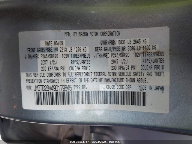 2009 Mazda Cx-9 Grand Touring მანქანა იყიდება აუქციონზე, vin: JM3TB28V490179845, აუქციონის ნომერი: 39464717