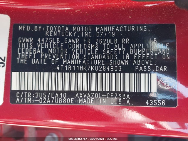 Toyota CAMRY SE 2019 4T1B11HK7KU284803 Image 9