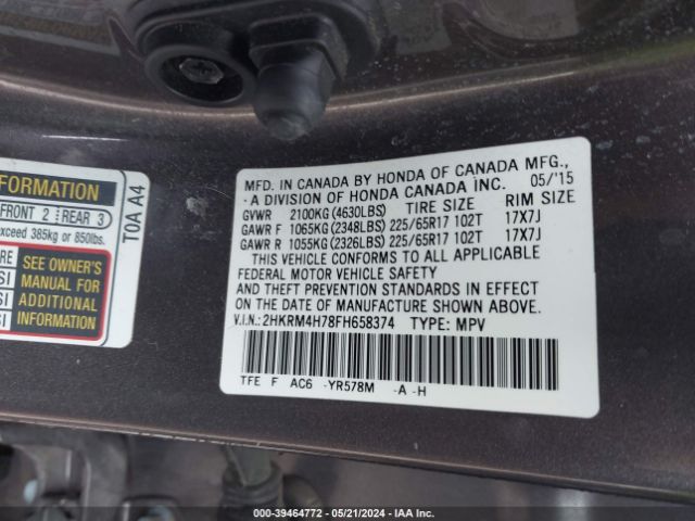 2HKRM4H78FH658374 Honda Cr-v Ex-l