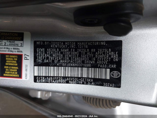 Toyota CAMRY SE 2017 4T1BF1FK6HU371086 Image 9