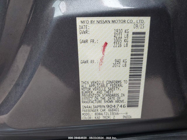 Nissan Altima 2.5 Sl 2015 1N4AL3AP9FN904746 Image 9