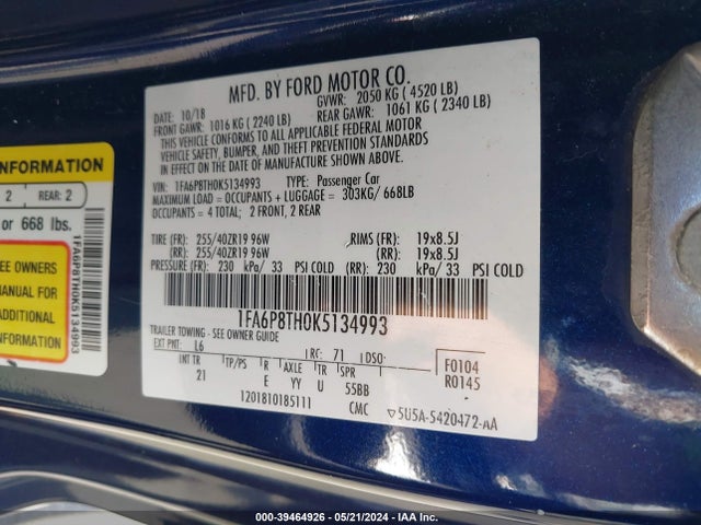 Ford Mustang Ecoboost 2019 1FA6P8TH0K5134993 Image 9