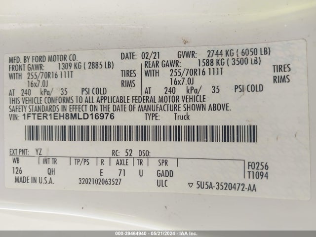Ford RANGER XL 2021 1FTER1EH8MLD16976 Image 9