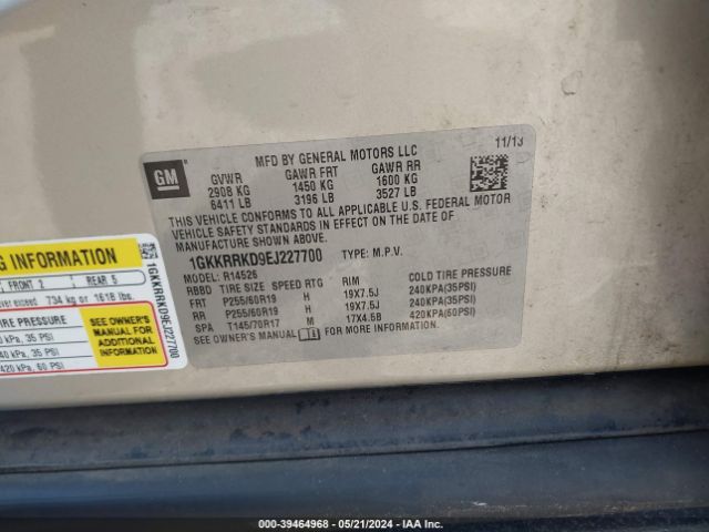 1GKKRRKD9EJ227700 GMC Acadia Slt-1