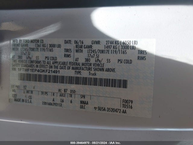 Ford F-150 Xl 2016 1FTMF1EP4GKF21491 Image 9