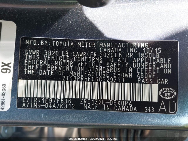 Toyota Corolla Le Eco 2016 2T1BPRHE0GC529733 Image 9