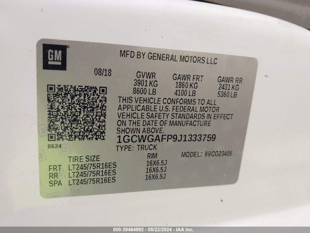Chevrolet Express 2500 Work Van 2018 1GCWGAFP9J1333759 Image 9