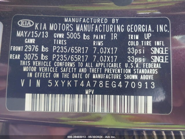 KIA Sorento Lx V6 2014 5XYKT4A78EG470913 Image 9
