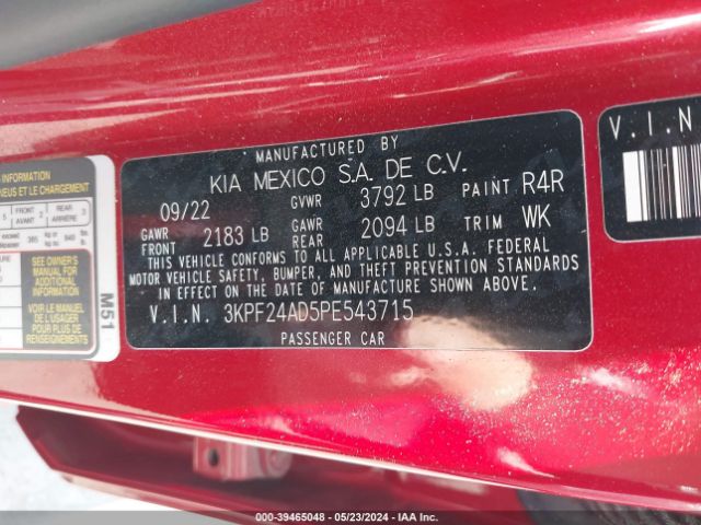 3KPF24AD5PE543715 KIA Forte Lxs