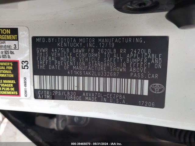 Toyota CAMRY XSE 2020 4T1K61AK2LU332687 Image 9