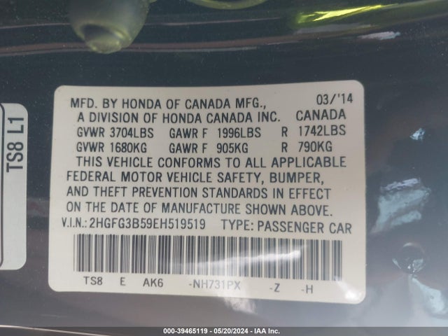Honda Civic Lx 2014 2HGFG3B59EH519519 Image 9