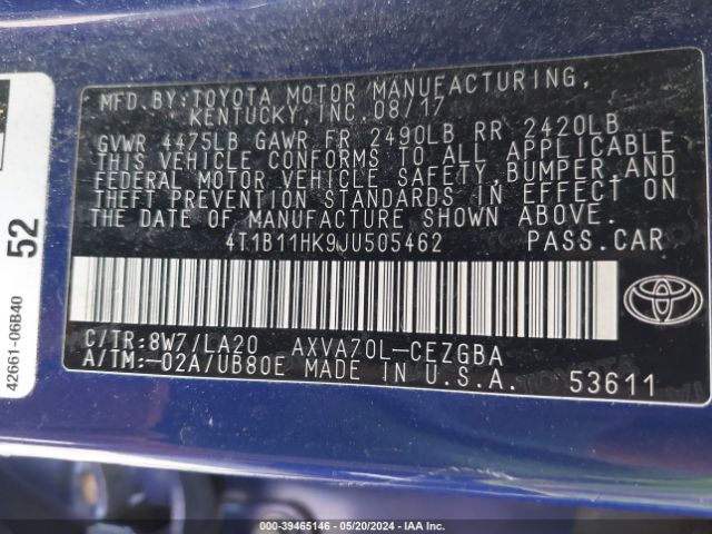 4T1B11HK9JU505462 Toyota CAMRY XLE