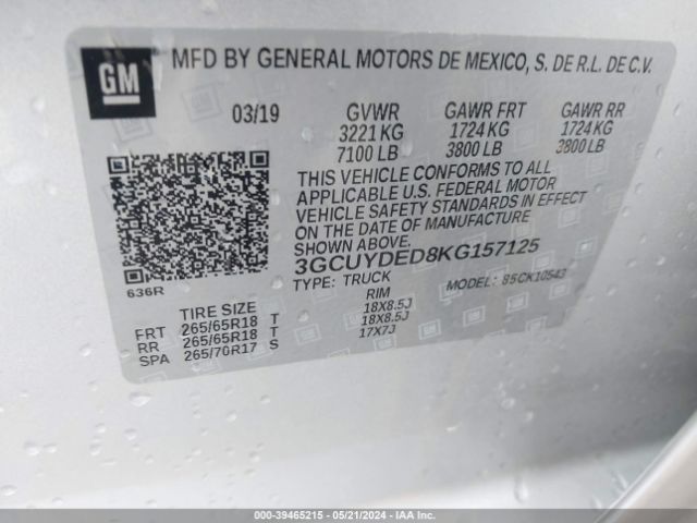 3GCUYDED8KG157125 Chevrolet Silverado 1500 Lt