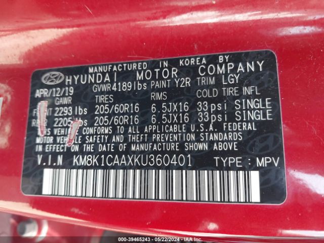 KM8K1CAAXKU360401 Hyundai Kona Se