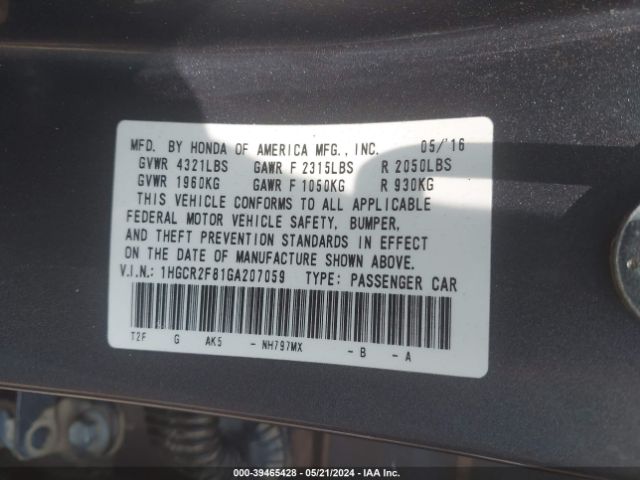 1HGCR2F81GA207059 Honda Accord Ex-l