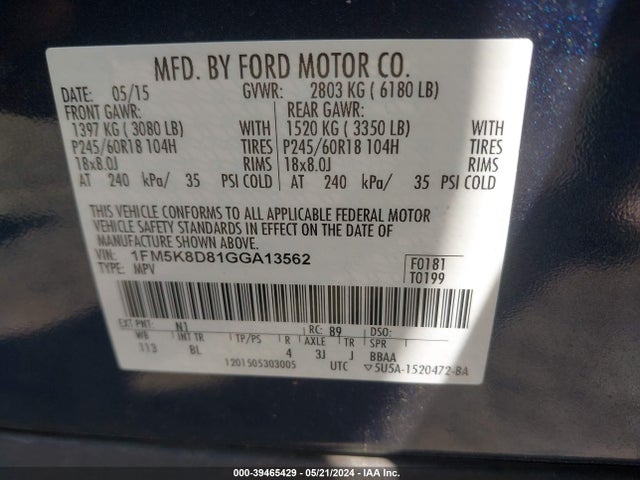 Ford EXPLORER XLT 2016 1FM5K8D81GGA13562 Image 9