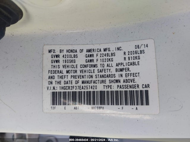 Honda ACCORD LX 2014 1HGCR2F37EA257420 Image 9