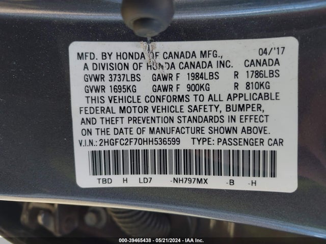 Продаж на аукціоні авто 2017 Honda Civic Ex, vin: 2HGFC2F70HH536599, номер лоту: 39465438