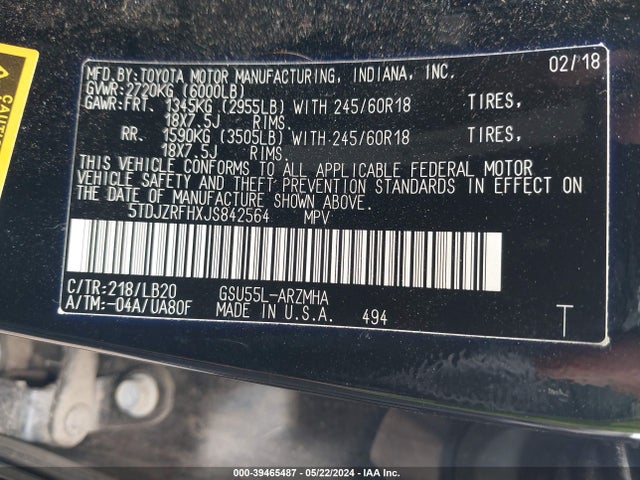 Toyota Highlander Xle 2018 5TDJZRFHXJS842564 Image 9
