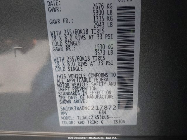 5N1DR3BA0NC217872 Nissan Pathfinder Sv 2wd