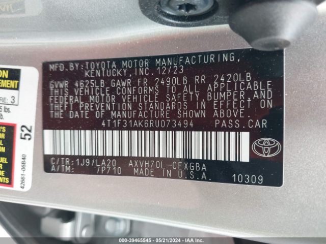 4T1F31AK6RU073494 Toyota Camry Hybrid Xle