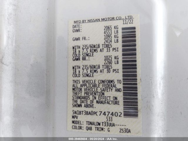 5N1BT3BA0PC747402 Nissan Rogue Sv Fwd