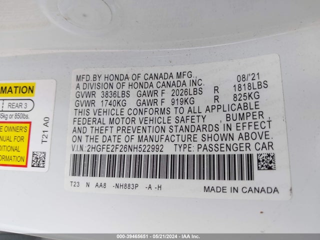 Honda Civic Lx 2022 2HGFE2F26NH522992 Image 9