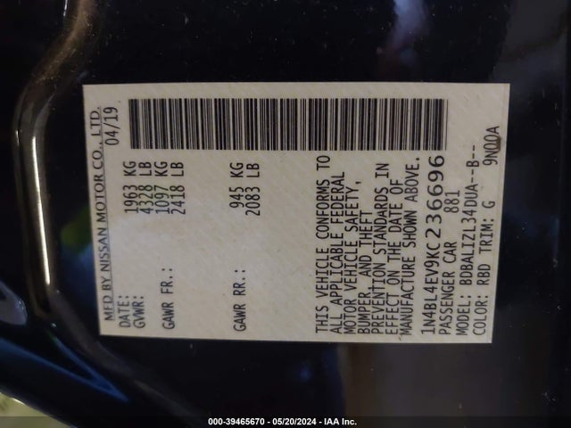 Nissan Altima 2.5 Sl 2019 1N4BL4EV9KC236696 Image 9