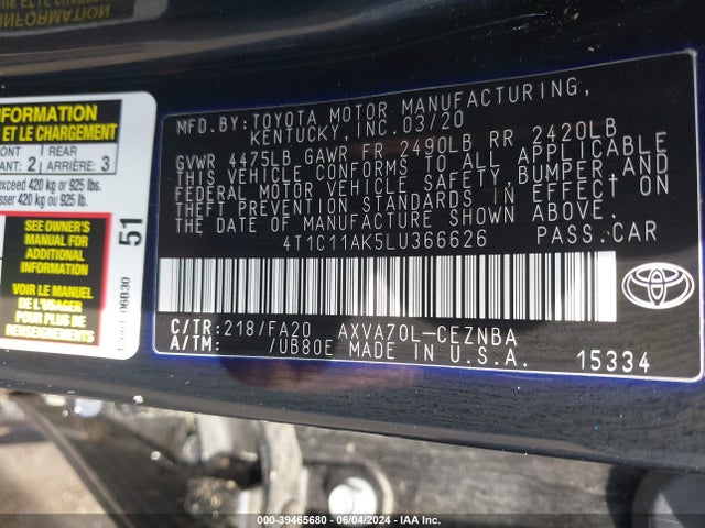 Toyota CAMRY LE 2020 4T1C11AK5LU366626 Image 9