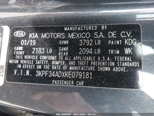 3KPF34ADXKE079181 KIA FORTE S